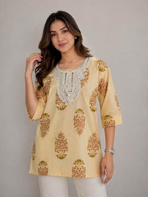 Women Floral Printed Cotton Short Kurti with Mirror Work Neck | Casual Ethnic Wear Top