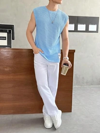 Men's Waffle Tank Tops Sleeveless Round Neck Polycotton T-Shirt
