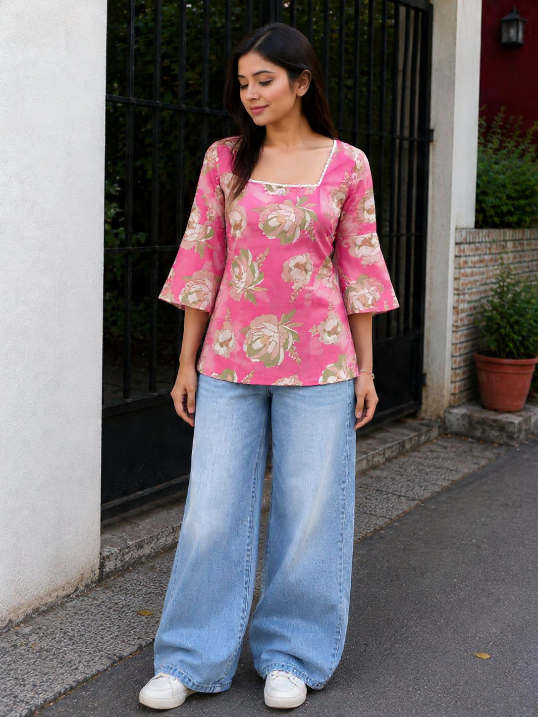 Pink Floral Printed Women’s Kurti | Casual Stylish Cotton Blend Kurta Top for Women