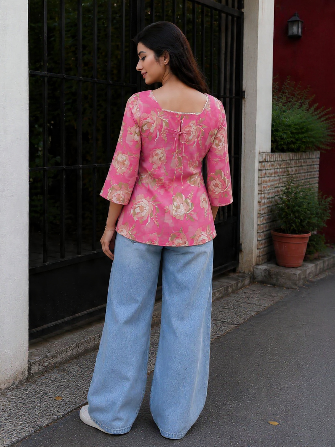 Pink Floral Printed Women’s Kurti | Casual Stylish Cotton Blend Kurta Top for Women - Image 3